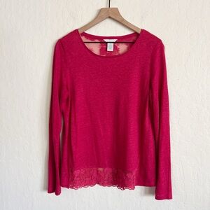 Sundance 100% Linen Sheer Lace Back Long Sleeve Blouse Top Medium Pink Red Boho